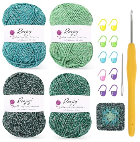 4 Pack Crochet Yarn for Beginners – Hollow Shiny Silver Cotton DK Yarn, 50g/100m Skein with 3.5mm Hook & Tools – Soft Sparkling for Granny Squares, Knitting & Amigurumi (4-Green)