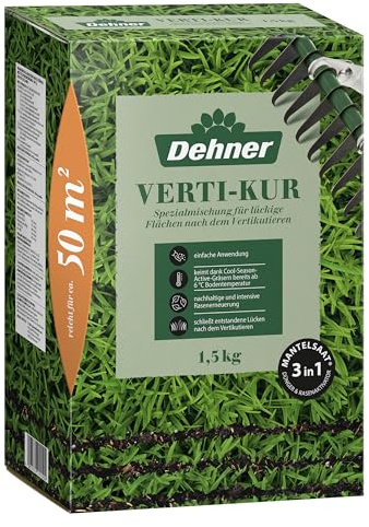 Dehner Saatgut Rasen Verti-Kur, Komplettlösung aus Rasensamen/Dünger/Keimsubstrat zur Regeneration nach dem Vertikutieren, für optimale Keimung, FSC-zertifizierte Verpackung, 1.5 kg für ca. 50 m² | Keimsubstrat zur Regeneration nach dem Vertikutieren, mit Mantelsaat für optimale Keimung, FSC-zertifizierte Verpackung
