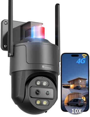 Ctronics 2.5K 4G LTE Caméra de Surveillance Extérieure à Double Objectif Zoom Hybride 10X, Suivi Auto, Vision Nocturne Couleur 30m, Rouge/Bleue, PC/App, NVR/FTP, Cloud/Carte TF 128Go, Murale & Plafond