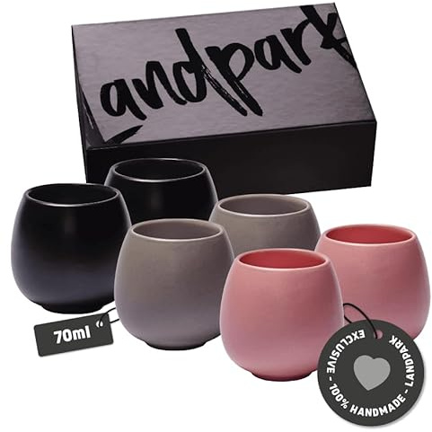 Landpark Espressotassen Set Mix (6 x 70ml) - Aus hochwertiger Keramik handgefertigt - Doppelwandige Espresso-Tasse ohne Henkel in Rosa, Schwarz und Grau