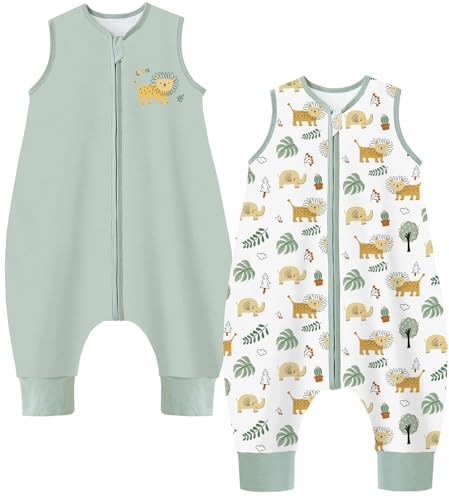 Chilsuessy 2er Pack Baby Schlafsack Sommer mit Füßen 1 Tog 100% Baumwolle Kinder Sommerschlafsack für Jungen und Mädchen, 1 Tog/Hellgrün + Löwenwald, 100cm/Baby Höhe 110-120cm