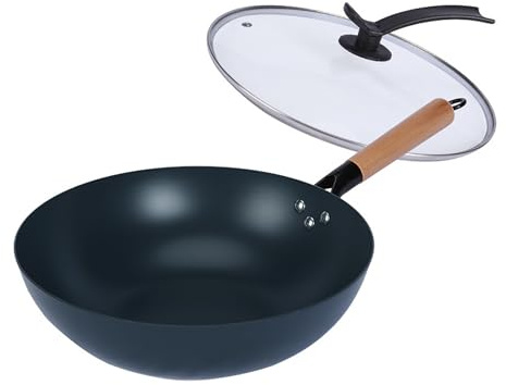 LIYGAOF Padella wok da 32 cm con coperchio, padella in ferro: manico in legno massiccio, adatta a induzione, padella in ferro forgiato con copertura in vetro, per cuochi amatoriali e professionisti