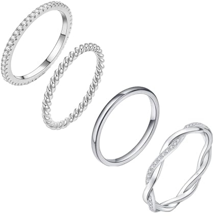 RIXERKOC 4Pcs Bagues en Or Argent pour Femmes, Bagues Empilables en Zircone Cubique Plaquées Or 18K Anneaux de Mariage Anneaux de Fiançailles Cadeau d'Anniversaire pour la Fête des Mères