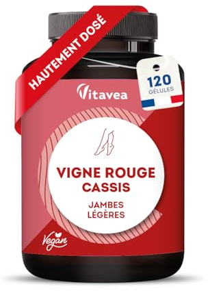 Drainant Jambes Légères - Circulation Sanguine - Vigne Rouge - 2 Mois | Avec Cassis - Drainant Puissant Rétention d’Eau - Bien-Être Circulatoire - 120 Gélules - Fabriqué en France - Vitavea