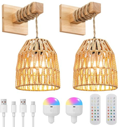SERBASIC Rattan Battery Operated Wall Lights Set of 2,Rechargeable Boho Wall Light Indoor with Detachable Bulbs and Remote,Woven Lantern Wooden Wall Sconces for Living Room Bedroom Hallway Lantern B