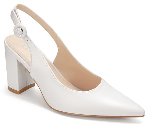 DIFEMA Women's Slingback Close Pointed Toe Block Heels Pumps Office Chunky Heel Slip On Work Business Dress Shoes, White 8.5