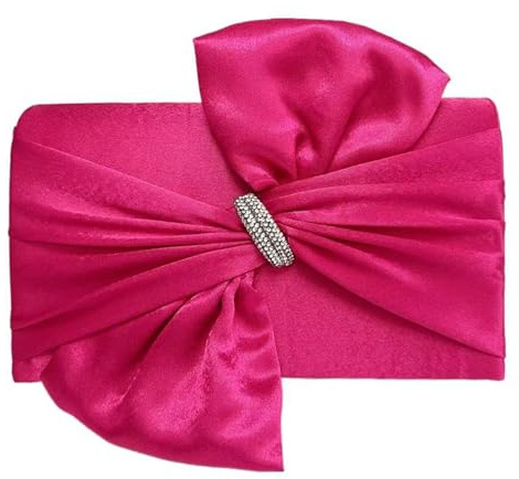LeahWard Evening Clutch Bag with Bow, Satin Wedding Party Bags, Crystal Rhinestone Detail, Chain Strap (Fuchsia)