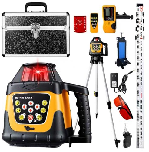 Red Rotary Laser Level 2000ft, 360 Degree Self Leveling Laser Level Kit with Receiver Remote Control and Surveying Tripod 16.4ft Staff, 5 Rotation Speeds& 4 Angles Adjustment,IP66 Waterproof.