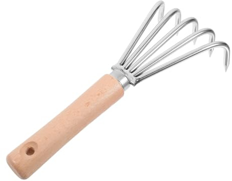iplusmile Rastrillo de Mano para Jardín con Mango de Madera Herramienta Resistente para Aflojar Suelo Eliminar Malas Hierbas y Plantar para Huerto y Deshierbe Preciso