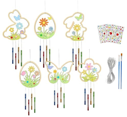 Uzndq 12 Stück Windspiel Bastelset Kinder,Osterdeko Holz Windspiele Bastelset Kinder Ostern Bemalen Doppelseitig Deko für Mädchen Junge Osterdeko Frühling Garten Haus