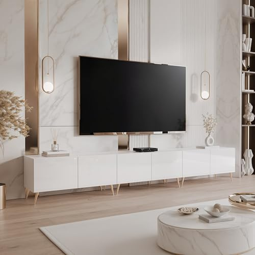 IDOHOME TV Lowboard stehend mit LED und 6 Fächern 300 cm Weiß Hochglanz | 300 x 40 x 36 cm, Laminierte Platte, Mehr Stauraum, Push to Open, TV Zubehör, LED Beleuchtung