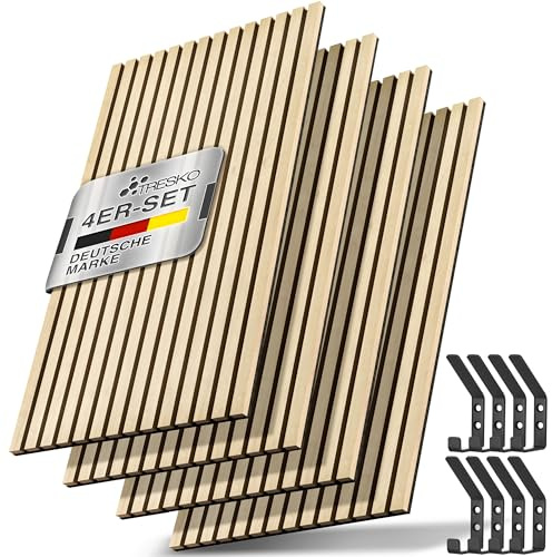 TRESKO® 4 Stück Akustikpaneele Holz 120×60x2,1 cm inkl. Kleiderhaken | Wandverkleidung Eiche Schwarz als 3D Lamellenwand | Holzpaneele Paneele für Schallschutz | Akustik Wandpaneele mit Montageset