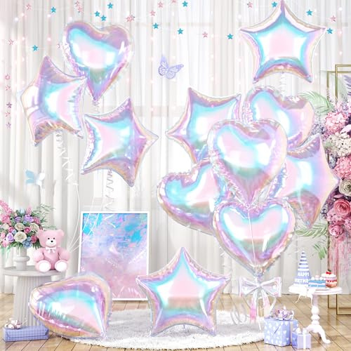 Iridescent Heart Balloons, Star Balloons Foil for Frozen Winter Birthday