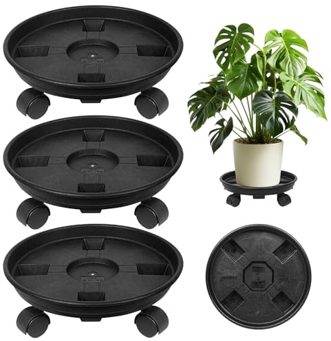 BYZESTY 3 Stück Pflanzenroller rund 30 cm, Blumentopf Untersetzer mit Rollen, Pflanzenroller Outdoor wetterfest aus Kunststoff, Rolluntersetzer für Pflanzen, Blumenroller für Innen & Außen