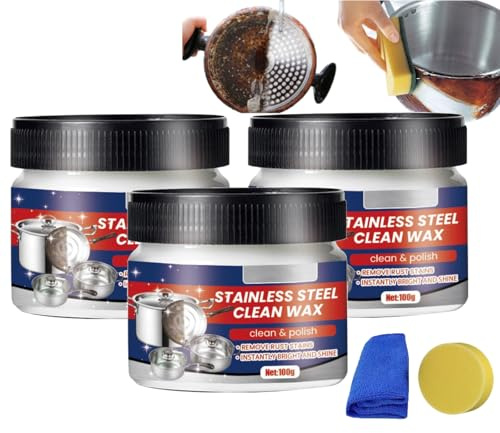 Stainless Steel Clean Wax, Déartrant Et Degraissant Clean Four Et Grill, Nano-Technology Stainless Steel Cleaning Paste, Nettoyant Pour Acier Inoxydable Nettoie Avec éponge (3PC)