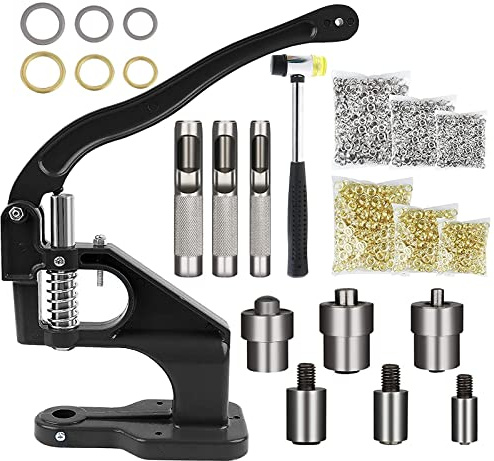 Topsky Multifunktionell öljettpress, handpress, set med hammare, 3 stämpelsatser och 1 500 öljetter (6/10/12 mm) ingår – perfekt för öljetter, tryckknappar och mer – din allt-i-ett-verktygslösning