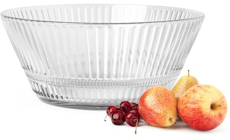 Sendez Glasskål 2,1 liter stor fruktskål salladsskål räfflad glas 22 cm serveringsskål räfflad struktur konisk form för sallad frukt dessert snacks, köksbordsdekoration