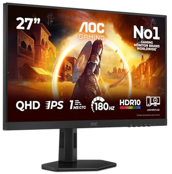 AOC Q27G4XFAD Gaming Monitor 27 Pulgadas 180Hz Panel Fast IPS, 1ms GtG, HDR10, G-Sync Compatible, Altura Ajustable, (2560x1440 HDMI 1x 2.0 DP 1x 1.4) Negro