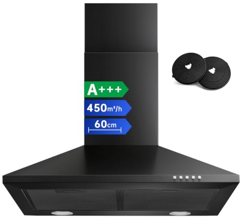 TopStrong Cappa Aspirante 60 cm a Torre, A+++ Cappa Cucina 60 cm, 450m³/h, 3 Velocità, LED, Ricircolo (senza tubo) e Scarico, Filtri Carbone Inclusi, Aspiratore Cucina