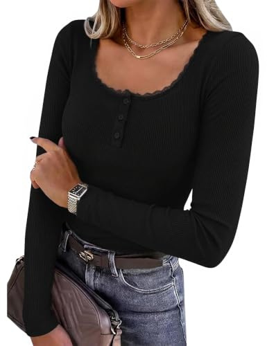 Demegimi Womens Long Sleeve Tops Lace Trim Scoop Neck Henley T-Shirts | Slim Fit Henley Top,Lace Trim Scoop Neck T Shirt,Soft Stretch Ribbed,Casual Office Tee Shirts,Going Out Basic Tees