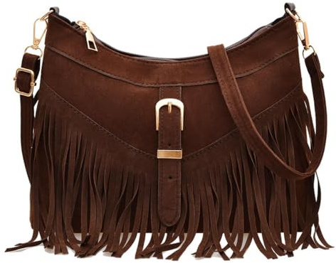 Otbushit Sac à bandoulière vintage en daim PU à franges, sac main léger de cow-girl pour femme (café)
