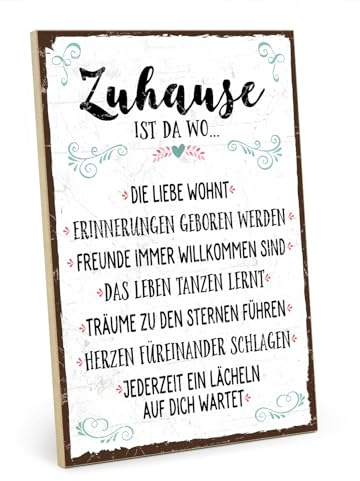 TypeStoff Holzschild mit Spruch – ZUHAUSE – Schild, Bild im Vintage-Look mit Zitat als Geschenk und Dekoration zum Thema Familie, Liebe und Geborgenheit – Sprüche Schilder - HS-00317