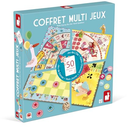 Janod - Carrousel Multi-Games Box Set - Classic Family Games - Draughts game, Ludo, Yellow Dwarf, 7 families, Goose game - For children from the Age of 5, J02742