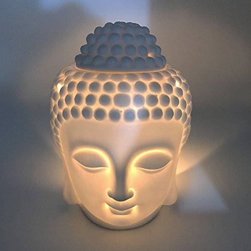 Bruciatore a olio per aromaterapia in ceramica, testa di buddha, diffusore di oli essenziali, bruciatore di incenso indiano tibetano S (bianco)