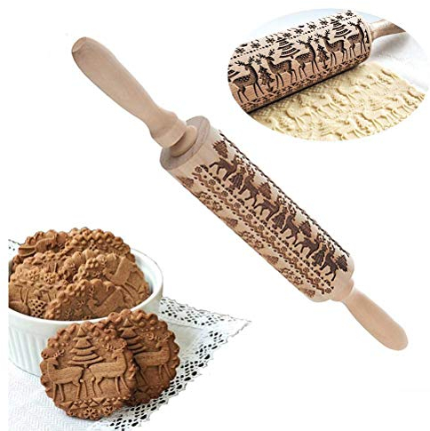 VOARGE Rodillo de masa con relieve de Navidad con diseño de alce en relieve, rollos de Navidad para hornear galletas en relieve, accesorios de horneado perfectos para fondant, pizza, pasta de pasta y