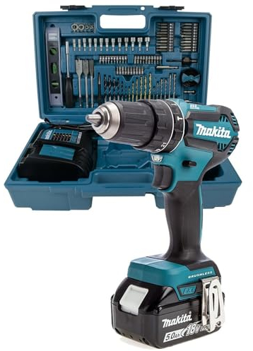 Makita DHP485STX5 18V Li-ion LXT Brushless Combi Drill Complete with 1 x 5.0 Ah Battery, Charger and a 101 Piece Bit Set Supplied in a Carry Case