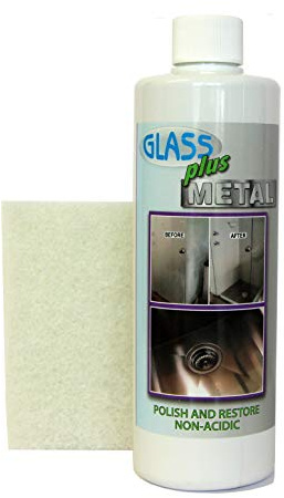 Glass Plus Metal - Polish and Restore | Hard Water Deposit & Stain Remover | Shower Glass, Stainless Steel Frames, Kitchen, Bath Fixtures, Windshield, Ceramic, Toilets |(16 oz.) with white Pad