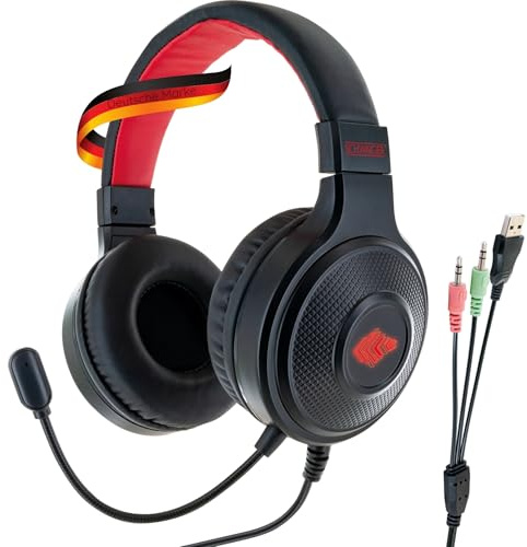 SCHWAIGER GHS1000 013 Headset Kopfhörer Over-Ear LED Beleuchtung Flexibles Mikrofon Schaumstoff-Ohrpolster anpassbarer Kopfhörerbügel USB Noise Cancelling kabelgebunden 2,0 m