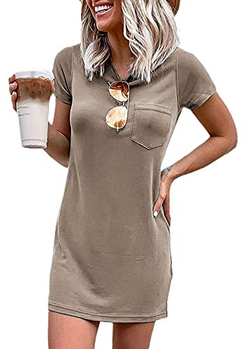 Ladiyo Women T Shirt Dress Summer Fashion Mini Crew Neck Short Sleeve Solid Color Casual Dresses with Pocket