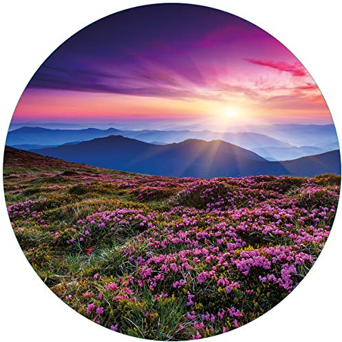 Wallario Glasbild rund Blumenbedeckte Wiese bei Sonnenuntergang - Rund, 50 cm Durchmesser Wandbild Glas in Premium-Qualität: Brillante Farben, freischwebende Optik