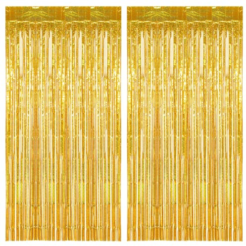Silvester Lametta Vorhänge Gold Glitzer, 2 Stück Metallische Glitzervorhang Fringe 1m x 2m, Glitzer Tinsel Curtain, Folienfransen Vorhang für Weihnachtsbaum Geburtstage Festivals Party ​Bühnendekor