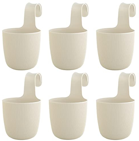 ENGELLAND 6 x Blumentopf zum Hängen, integriertes Drainagesystem, Farbe: Beige, Ø 15 cm, Pflanztopf-Kübel, Hängetopf, widerstandsfähig, rund, wetterfest, Kunststoff