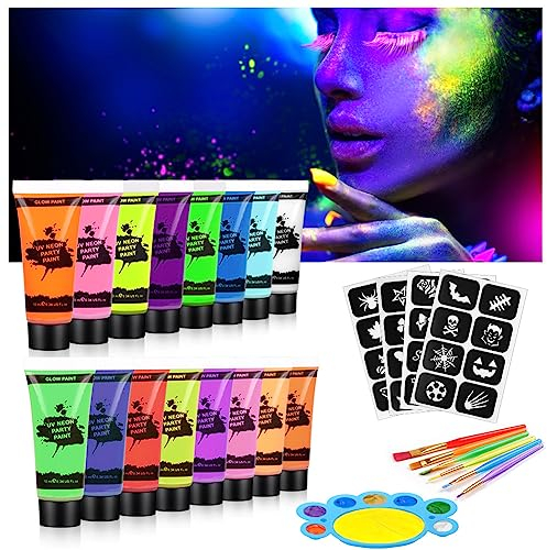 AOOWU Peinture Visage Corps Kit 27PCS, Peinture Corporelle, 16 * 10 ml UV Glow tubes de peinture fluorescente pour le visage et le corps, Halloween Noël Maquillage Fluo