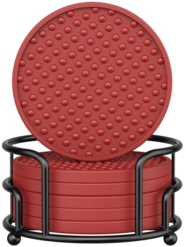 HFHOME Silicone Drink Coasters Set - 6 Pack With Holder for Coffee Table, Bar, Home Decor and Tabletop Protection - Red