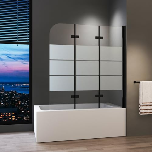 Duschwand für Badewanne 140 x 140 cm Schwarz 3-teilig Faltbar Duschtrennwand Trennwand Badewannenwand mit Eleganten weißen Gestreift Mit 6mm Nano Glas