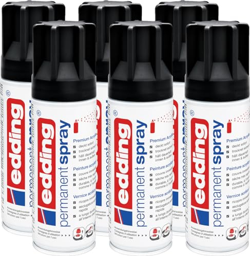 edding 5200 Permanent Spray - tiefschwarz matt - 6x 200 ml - Acryllack zum Lackieren und Dekorieren von Glas, Metall, Holz, Keramik, Kunststoff, Leinwand - Lackspray, Acrylspray, Farbspray