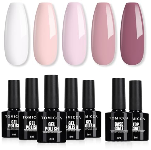 TOMICCA UV Nagellack Set, 5 Farben Gel Mit Base & No Wipe Top Coat, Weiß Lila Rosa Soak-Off UV/LED, Starter-Kit Geschenk Französisches Nagelstudio, 7 x 8ml
