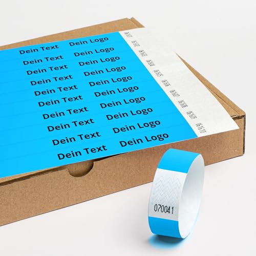 Personalisierbar Einlassbänder aus Tyvek 100 Stück - 19x255 mm Neonblau | Mit Aufdruck oder Logo, Events, starke Klebstoffbindung, Antiallergen - Selbstklebend und Wasserdicht Festival Armbänder