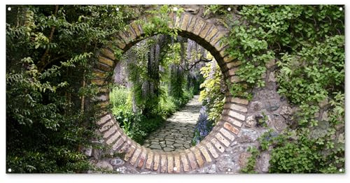 MuchoWow© Gartenposter 200x100 cm Outdoor Bilder Gartendeko für draußen Wetterfest Garten Deko Modern Geschenke Banner Draußen Bild Wald - Steine - Aussicht - Weg