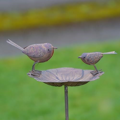 Robin on Flower Bird Feeder Bath | Large Metal Robins Garden Ornament Outdoor