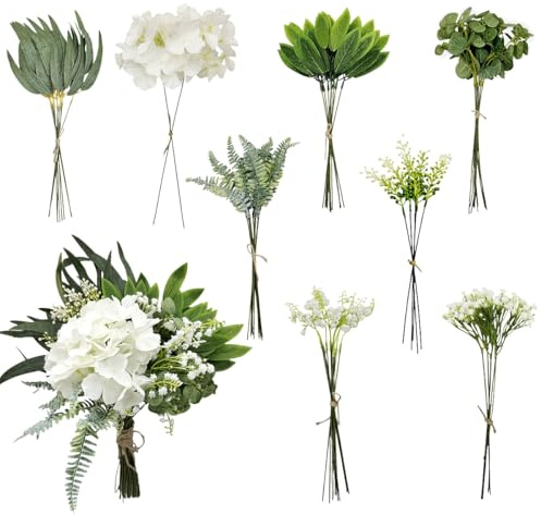 YELIKIT 62 Pcs künstliche Greenery Stems Box Set, 8 Arten von Faux Pflanzen und gefälschte Blumen für DIY Hochzeit Bouquet Füller Tisch Centerpieces und Blumenarrangement（Weiß & Grün）