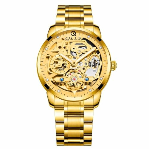 DAXIAOYU Business automatisk klocka 3D diamantskelett ihåliga herrarmbandsur lysande klockor Tourbillon, Guld, Lyx