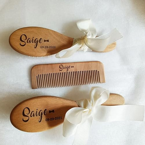 3 Set Personalisierte Baby-Haarbürste Mit Eingraviertem Namen - Individuelles Babybürsten-Set Als Babyparty-Geschenk - Personalisierte Baby-Haarbürsten - Haarbürste Und Kamm Aus Holz Als