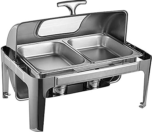 MXFKLJ Chafing Dish in voller Größe, 9 l, Speisenwärmer aus Edelstahl mit 2 halbgroßen Catering-Tabletts, 180-Grad-Rolldeckel für Hochzeiten, Partys, Bankette, Catering-Events