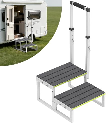 Depsunny husbilstrappa med ledstång (66 cm – 96 cm), dubbelsidig installation, bärbar 2-stegs husbilstrappa med breda halkskyddsmattor, perfekt för husbilar, verandor, badtunnor, pooler och husdjur