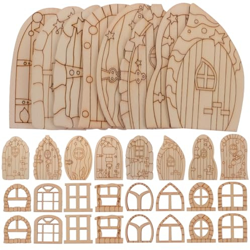 Operitacx 64 Stück Mini Holz Feentüren Und Fenster Unvollendete Diy Bastelarbeiten Für Feenhaus Zubehör Heimdekoration Garten Landschaft Micro-Deko